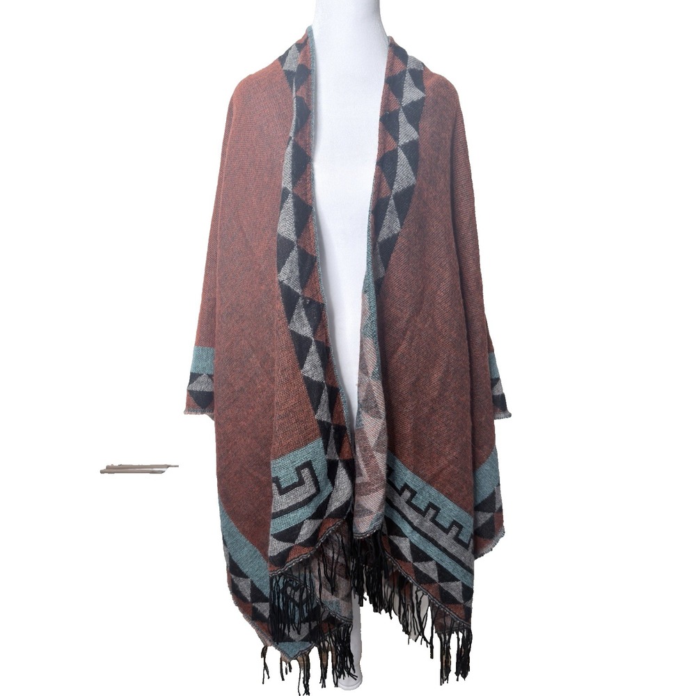 Southwestern Printed Poncho Cape Wrap Shawl‎ Womens Fringe Western Sweater